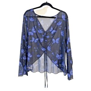 Shein Curve Womans Y2K Butterfly Whimsigoth Long Sleeve Top Size 4X Sheer Tie